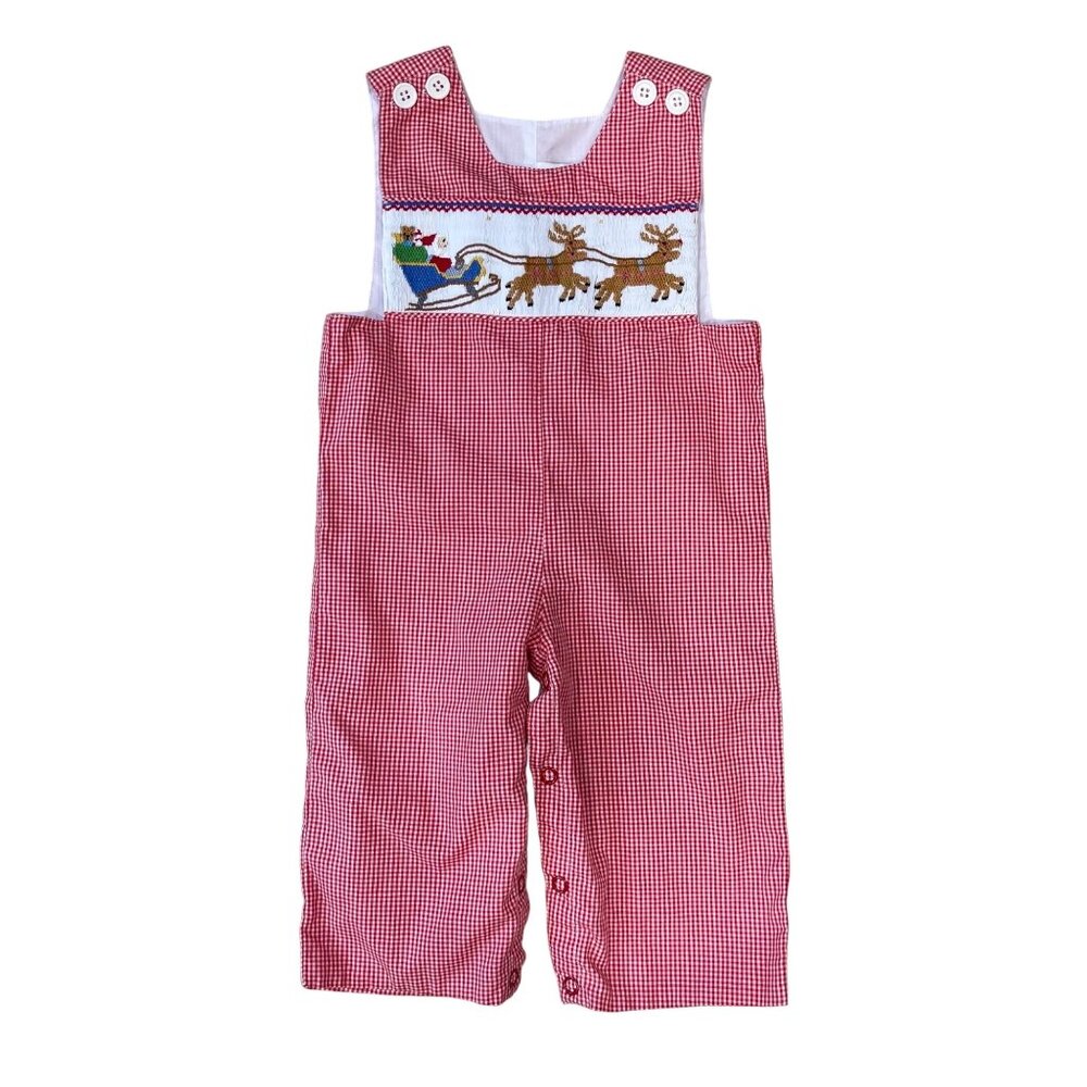 Mom & Me Smocked Christmas Longalls Overalls Baby Boy Size 3M Santa‎ Reindeer